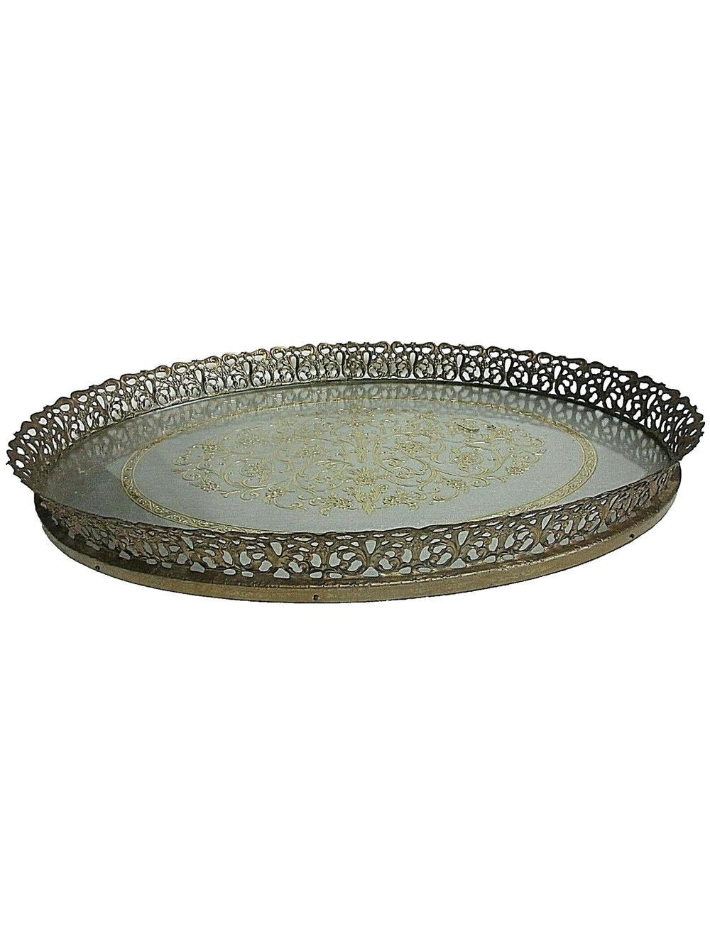 VTG Large Oval Vanity Perfume Tray Gold Tone Ormolu w/ Intricate Design 16"x11